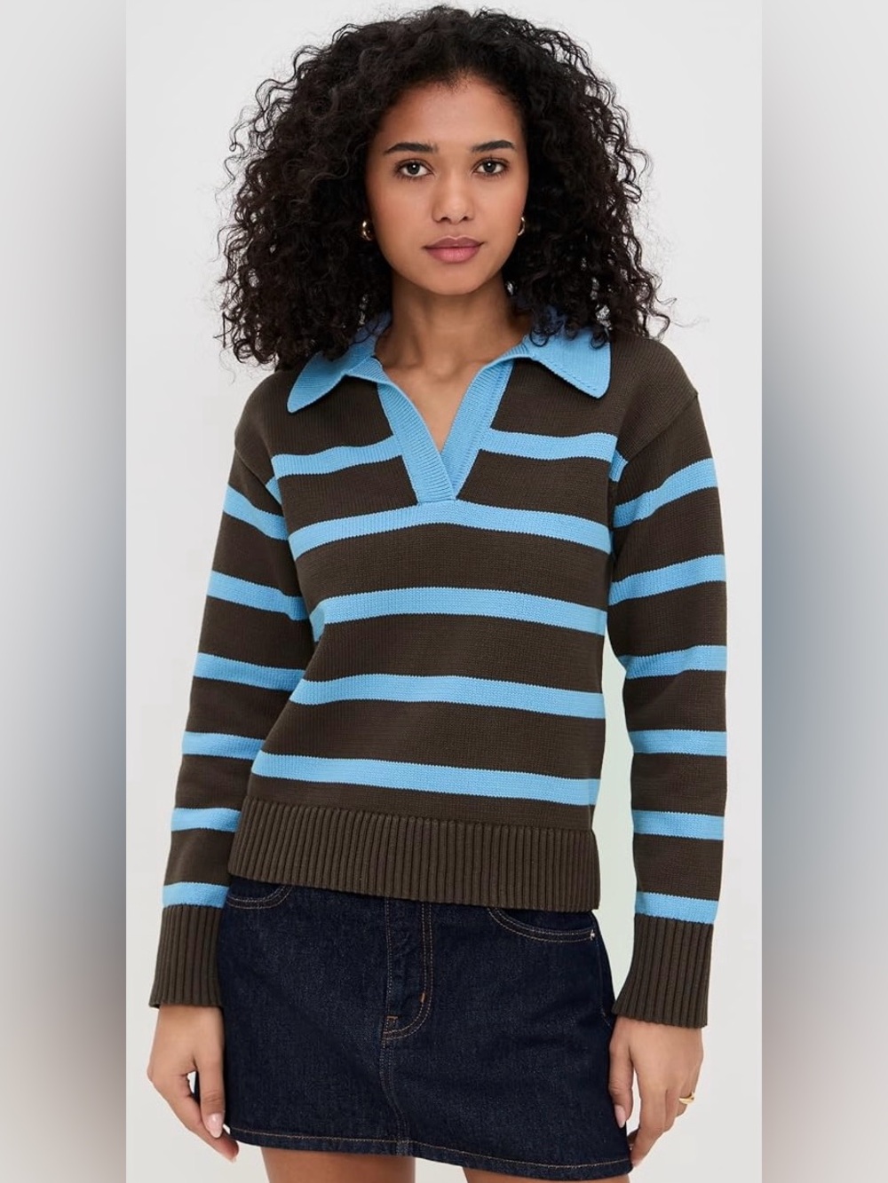 English Factory Blue & Brown Striped V-Neck Polo Sweater